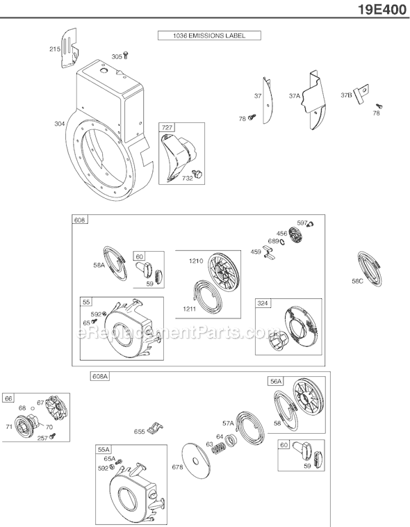 Page E Diagram and Parts List for 19E400SERIES 0069-1168 Briggs and Stratton Engine